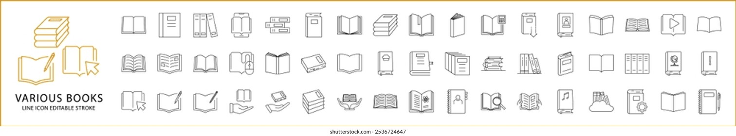 Various Books Icon Set In Line Style. Containing of Book Variation. Vector Illustration.
