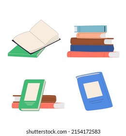 Various books, stack of books, notebooks. Hand drawn educational vector illustration. Set of literature, dictionaries, encyclopedias, planners with bookmarks.