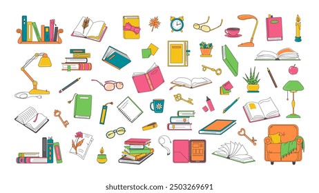 Various books and stationery, interior items, all reading related objects. Retro cartoon style set