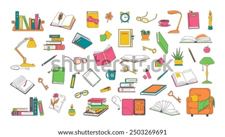 Various books and stationery, interior items, all reading related objects. Retro cartoon style set