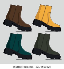 various boots with different color. brown, yellow, green, army boots. Hand drawn colored trendy Vector set. All elements are isolated
