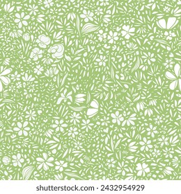 Various botanical elements seamless repeat pattern. Random placed, vector flowers, leaves, herbs, aop all over surface print on green background.