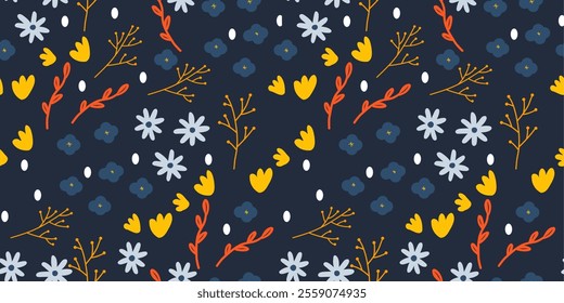 Various botanical elements seamless repeat pattern.Random placed, vector flowers, leaves,over surface print on blue background.
