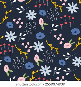 Various botanical elements seamless repeat pattern.Random placed, vector flowers, leaves,over surface print on blue background.