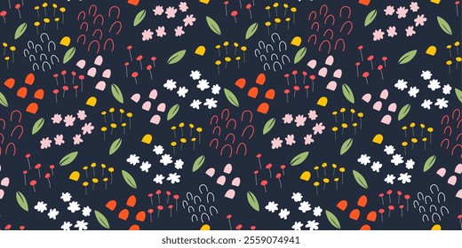 Various botanical elements seamless repeat pattern.Random placed, vector flowers, leaves,over surface print on blue background.