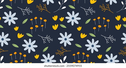 Various botanical elements seamless repeat pattern.Random placed, vector flowers, leaves,over surface print on blue background.