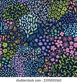Various botanical plants seamless repeat pattern. Random placed, vector flowers, leaves, herbs, dandelions, dots all over surface print on dark blue background.