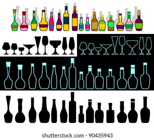 Various bottles with alcohol and glasses are collected in the set.
