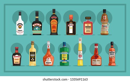 Various bottles of alcohol. Vector illustration.