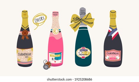 Various Bottles of Champagne. Different shapes and colors of bottles. Prosecco, Rose, Brut Sparkling wines. Hand drawn colorful Vector illustration. Celebration concept. All elements are isolated