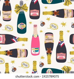 Various Bottles of Champagne. Different shapes and colors of bottles. Prosecco, Rose, Brut Sparkling wines. Hand drawn colorful Vector seamless Pattern. Wallpaper, background, wrapping paper