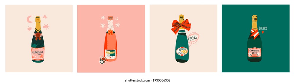 Various Bottles. Bottles of Different shapes and colors. Champagne, Prosecco, Rose, Brut Sparkling wines. Hand drawn colorful Vector illustrations. Celebration concept. Every card is isolated