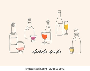 Various bottles and glasses of alcoholic drinks. Wine, champagne, whiskey, liquor, vodka. Hand drawn Vector illustration. All elements are isolated.