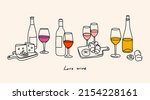 Various bottles and glasses of sweet and dry Wine. Red, white, rose wine, wooden plates with cheese, fruits, sweets. Traditional wine snacks. Hand drawn Vector illustration. All elements are isolated