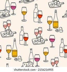 Various bottles and glasses of sweet and dry Wine. Red, white, rose wine, wooden plates with cheese, fruits, sweets. Hand drawn Vector illustration. Square seamless Pattern. Background, wallpaper 