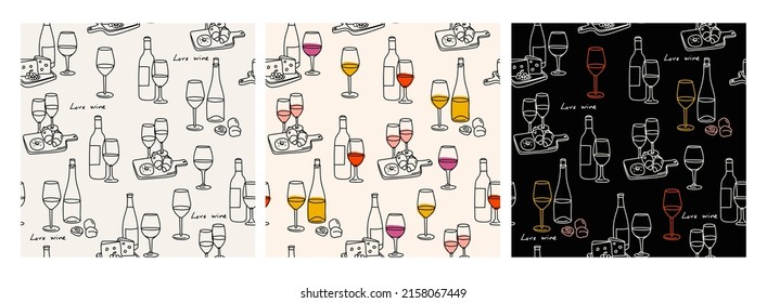 Verschiedene Flaschen und Gläser aus süßem und trockenem Wein. Rot, Weiß, Rosengarten, Holzteller mit Käse, Früchte, Süßigkeiten. Handgezeichnete Vektorgrafik. Set von drei quadratischen nahtlosen Mustern 