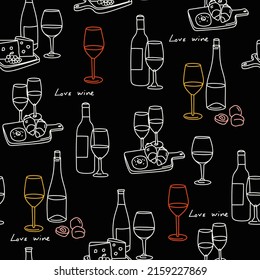 Various bottles and glasses of sweet and dry Wine. Red, white, rose wine, wooden plates with cheese, fruits, sweets. Hand drawn Vector illustration. Square seamless Pattern. Background, wallpaper 