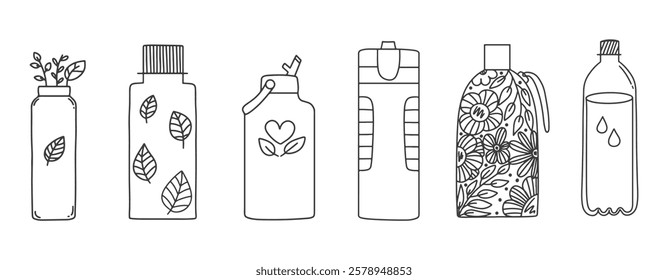 Various bottles, pet plastic, glasses, flask. Sports, fitness, travel, decorative drink and water bottles set. 