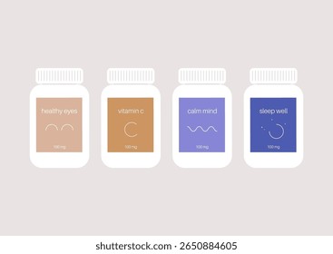 Various bottles showcasing vitamins and micro elements are arranged aesthetically, highlighting their unique benefits for health and wellness in a neutral background