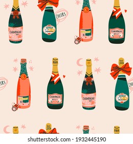 Various Bottles of Sparkling wines. Different shapes and colors of bottles. Prosecco, Rose, Brut, Champagne. Hand drawn colorful Vector seamless Pattern. Wallpaper, background, wrapping paper template