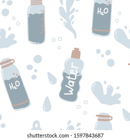 Various bottles for water. Glass only, Plastic free, zero waste concept.  Hand drawn cute trendy stock illustration. Colored vector seamless pattern.