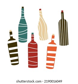Various Bottles of wine. Different shapes, colors and designs of bottles. Prosecco, Rose, Brut, wine