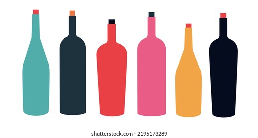 Various Bottles of wine. Different shapes and colors of bottles. Prosecco, Rose, Brut, wine