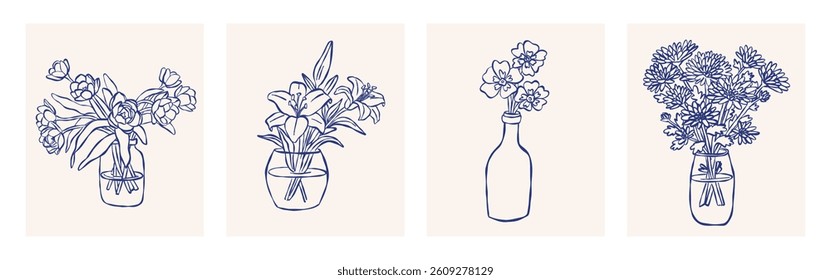 Various bouquets of flowers in vases. Minimalist hand drawn vector outline illustrations.