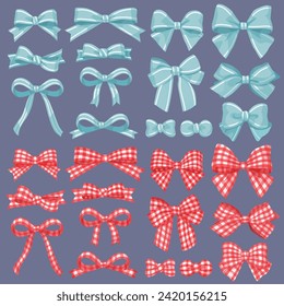 Various bow ties, light blue thin line pattern and red plaid pattern