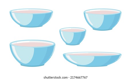 Diversos cuencos y platos, vajilla de color azul pastel, ilustración vectorial sobre fondo blanco