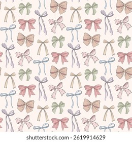 Various bows, gift ribbons Seamless Pattern. Bowknots hand drawn Fashionable vector illustration. Hair accessories. Bow knots for gift wrapping. Gift bows, magic bow illustration.Celebration, party