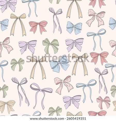 Various bows, gift ribbons Seamless Pattern. Bowknots hand drawn Fashionable vector illustration. Hair accessories. Bow knots for gift wrapping. Gift bows, magic bow illustration.Celebration, party