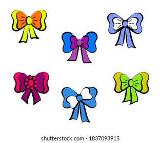 Various bows on a white background. Collection. Vector illustration.