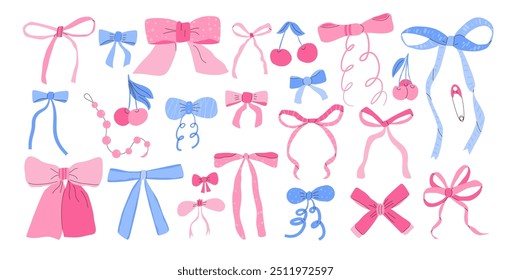 Various bows set. Ribbon band kit. Hairstyle and gift decor. Vector hand drawn bowknot collection illustration isolated on white background.