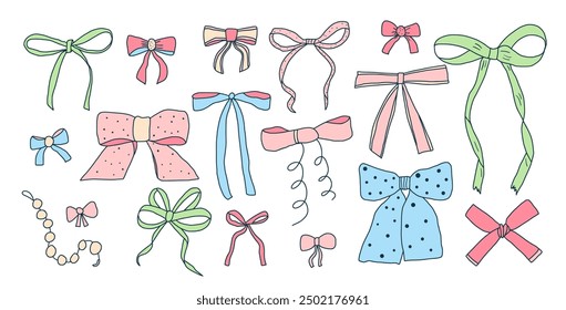Various bows set. Silk band kit. Hairstyle and gift decor. Vector hand drawn Bowknot collection illustration isolated on white background.