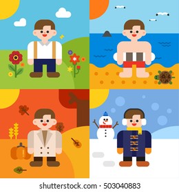 Various boy characters for four season vector illustration flat design