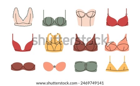 Various bra set. Underwear icon, stickers. Trendy female underwear. Vector illustration isolated on white background.