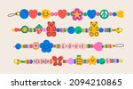 Various Bracelets from plastic beads. Old school Friendship bands. Colorful funky bracelets with letters, stars, hearts, peace sign. Cartoon style. Hand made, diy concept. Hand drawn Vector set