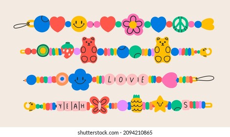 Various Bracelets from plastic beads. Old school Friendship bands. Colorful funky bracelets with letters, stars, hearts, peace sign. Cartoon style. Hand made, diy concept. Hand drawn Vector set