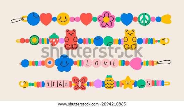 Various Bracelets from plastic beads. Old school\
Friendship bands. Colorful funky bracelets with letters, stars,\
hearts, peace sign. Cartoon style. Hand made, diy concept. Hand\
drawn Vector set