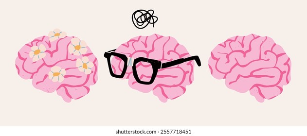 Various Brain set. Brain icons collection with flowers, nerd googles. Cartoon style. Hand drawn modern Vector illustration. Idea, mind, cognition, thinking concept. Isolated design elements