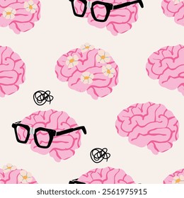 Various Brain set. Brain icons collection with flowers, nerd glasses. Cartoon style. Hand drawn modern Vector illustration. Idea, mind, cognition, thinking concept. Square seamless Pattern, background