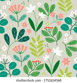 Various Branches, Flowers, Leaves, Berries. Hand drawn Vector illustration. Fresh green. Square repeating design for fabric, textile, wrapping paper. Colorful Seamless Pattern, Wallpaper, Background
