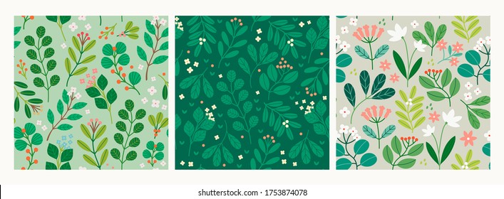 Various Branches, Flowers, Leaves, Berries. Hand drawn Vector illustration. Square repeating designs for fabric, textile, wrapping paper. Set of three Colorful Seamless Patterns, Wallpaper, Background