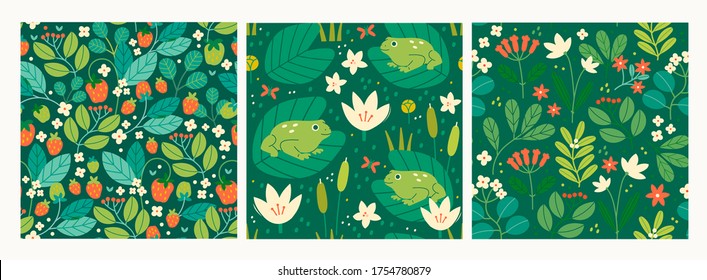 Various Branches, Flowers, Leaves, Frogs, Water Lillies. Hand drawn Vector illustrations. Design for fabric, textile, wrapping paper. Set of three Colorful Seamless Patterns, Wallpapers, Backgrounds