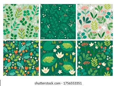 Various Branches, Flowers, Leaves, Frogs, Water Lillies. Hand drawn Vector illustrations. Design for fabric, textile, wrapping paper. Set of six Colorful Seamless Patterns, Wallpapers, Backgrounds