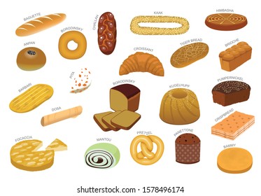 Various Bread Kind From Around the World Cartoon Vector