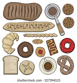 various bread produce, coffee, hand drawn isolated on white, vector illustration