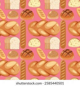 Various bread types arranged in a seamless pattern