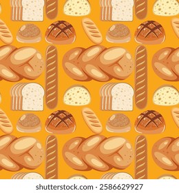 Various bread types arranged in a seamless pattern